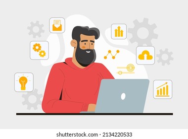 Software development concept. Young guy at laptop, programmer writes code. Remote employee or freelancer working on project. Character fixes bugs in application. Cartoon flat vector illustration