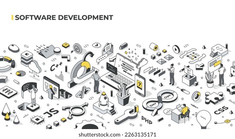 Software development. Concepts covered in isometric illustration: planning, testing, deployment,  app maintenance, life cycle, coding. Tiny characters interacting with coding related objects