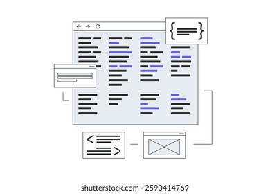 Software Development. Developer programming using computer language, coding process, IT company worker, development, backend development. Flat Cartoon Vector Illustration, icon. Stylish abstract Flat 