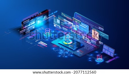 Software development for different devices. Application test and IT service concept. Process of optimization, debugging program or code for laptop. Banner, program code on screen device