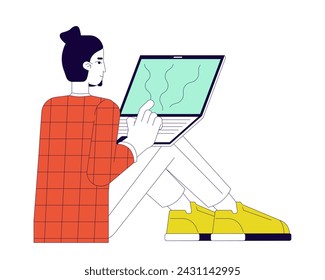 Software development engineer 2D linear cartoon character. Computer technology. Developer working on laptop isolated line vector person white background. Young programmer color flat spot illustration