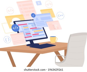 Software development flat concept vector illustration. Online course for developers. Digital monitor, computer screen. Coding 2D cartoon scene for web design. Programming creative idea