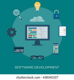 Software development flat design. Set of programming application items. Vector illustration.