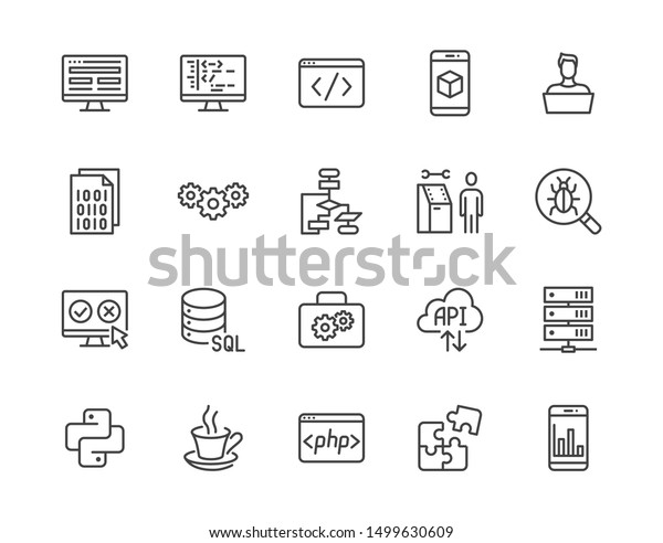ソフトウェア開発のフラットラインアイコンセット プログラミング言語 アプリケーション Api コンピュータプログラムは ベクターイラストを開発する ウェブサイトデザインのアウトライン記号 完璧なピクセル 編集可能なストローク のベクター画像素材