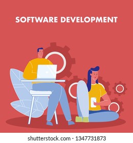 Software Development Flat Vector Poster with Text. Programming, Coding. App, Website, Developers. Colleagues, Freelancers Characters. Man Working on Laptop. Woman Using Smartphone. Gear Wheels