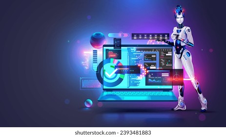 Desarrollo de software con ayuda de AI. Aplicación de codificación o programación de inteligencia artificial robot de chat en línea. Automatización Creación de software de desarrollo. Robot o ciborg mujer con programación de IA en laptop.