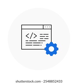 Ícone de desenvolvimento de software - Tela de codificação com engrenagem, representando programação e criação de aplicativos