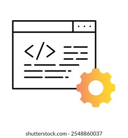 Ícone de desenvolvimento de software - Tela de codificação com engrenagem, representando programação e criação de aplicativos