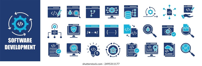 Conjunto de colecciones de iconos de desarrollo de software. Contiene diseño, computadora, aplicación, tecnología, software, desarrollo y más. Iconos de vector sólido colección.	