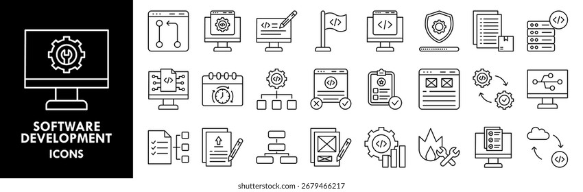 Conjunto de coleta de ícones de Desenvolvimento de Software. Contendo software de design, tecnologia, digital, dados, negócios, desenvolvimento