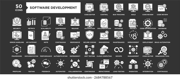 Conjunto de coleta de ícones de Desenvolvimento de Software. Contendo tecnologia de design, computador, aplicativo, desenvolvimento, desenvolvedor