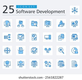 SOFTWARE DEVELOPMENT ICON SET BLUE STYLE with framework, source code, backup, case file, data security, budget, engineer, data storage, graphic design and prototyping