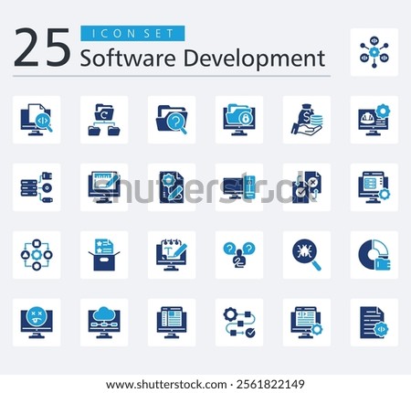 SOFTWARE DEVELOPMENT ICON SET COLOR FILL STYLE with framework, source code, backup, case file, data security, budget, engineer, data storage, graphic design and prototyping