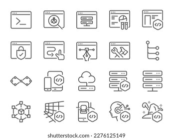 Software development icon set. It included icons such as code editor, coding, mobile app development, front end dev, and more.