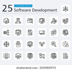 SOFTWARE DEVELOPMENT ICON SET OUTLINE STYLE with framework, source code, backup, case file, data security, budget, engineer, data storage, graphic design and prototyping