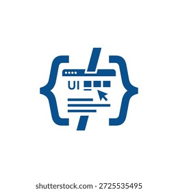 Icono de desarrollo de software que muestra corchetes rizados que rodean la pantalla de la interfaz con cursor de texto y Elementos de programación visual.