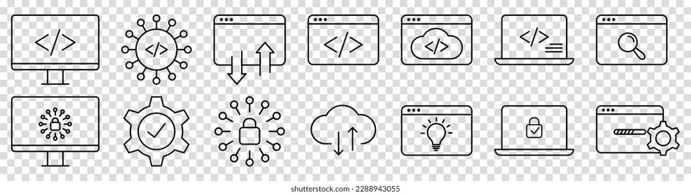 Symbole für die Softwareentwicklung.  Moderne Symbolsammlung einzeln auf transparentem Hintergrund