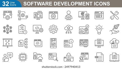 Software development icons set. Code, languages, database, version, bugs, cloud, API, security, devops and more. vector illustration