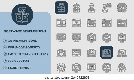Software development Icons set. Vector illustration in modern thin line style of business related icons: teamwork, documents, devices, and more. Pictograms and infographics for mobile apps. 