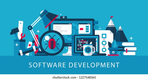 Software development illustration in modern flat style with bright colors. Desktop computer, laptop, programming, coding. Landing page web template.