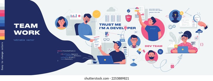 Software Development illustrations for infographic design. Collection of scenes with male and female colleagues involved in software or web development. Easy to edit the colors. Mega set.