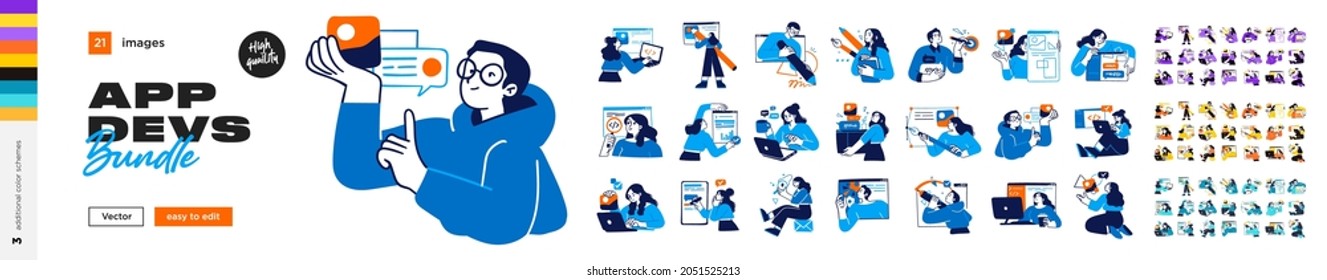 Software Development illustrations. Mega set. Collection of scenes with men and women involved in software or web development. Trendy vector style - Shutterstock ID 2051525213
