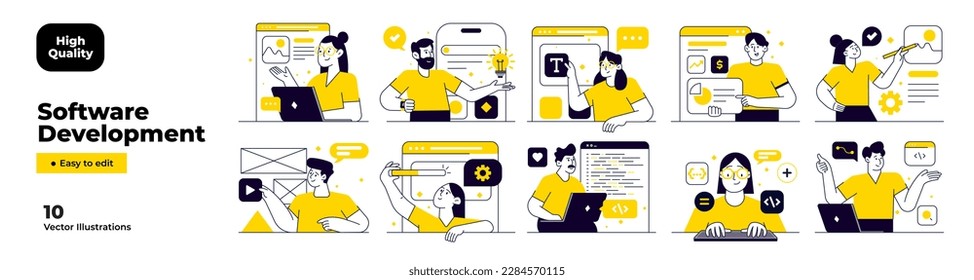 Software Development illustrations. Mega set. Collection of scenes with men and women involved in software or web development. Vector Illustration