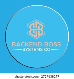 Firmenlogo für Softwareentwicklung und IT-Infrastruktur, "Backend Boss"-Branding-Identität auf blauem Hintergrund