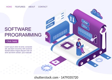 Software development isometric landing page vector template. Programming and coding website design layout. IT courses webpage. Computer science and engineering 3d concept illustration