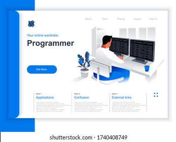 Software development isometric landing page. Programmer working with computer in office situation. Web application programming and testing, frontend and backend development perspective flat design.