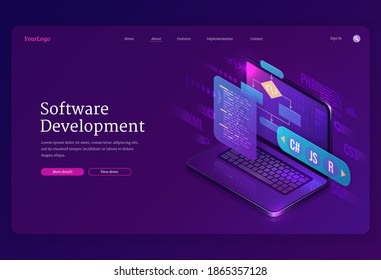 Software development isometric landing page. Website or program coding cross platform, algorithm programming languages interface on computer screen, technology process, app creation 3d vector banner