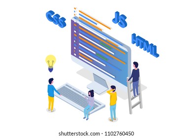 Software Development isometric, Programmer at work. Big data processing. Vector illustration.