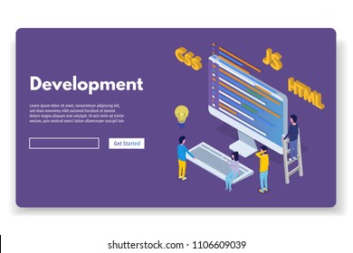 Software Development isometric, Programmer at work. Big data processing. Vector illustration.