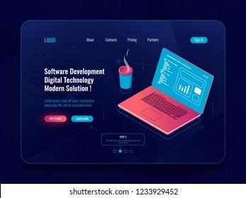 Software development isometric, programming and code writing, laptop with coffee cup, data analyzing, report building dark neon vector digital technology