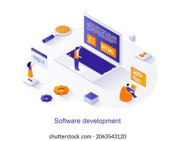 Software Development Isometric Web Concept. People Program In Different Languages, Working With Code, Optimize And Customize Programs Scene. Vector Illustration For Website Template In 3d Design