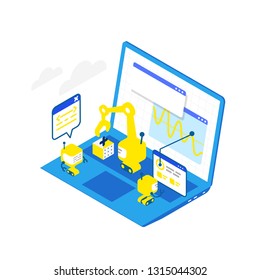 Software development levels. Technological conveyor. Programming and testing robots laptop. Isometric infographic. Blue colors.