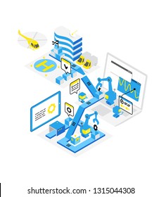 Software development levels. Technological conveyor. Programming and testing robots laptop. Isometric infographic. Blue color concept.