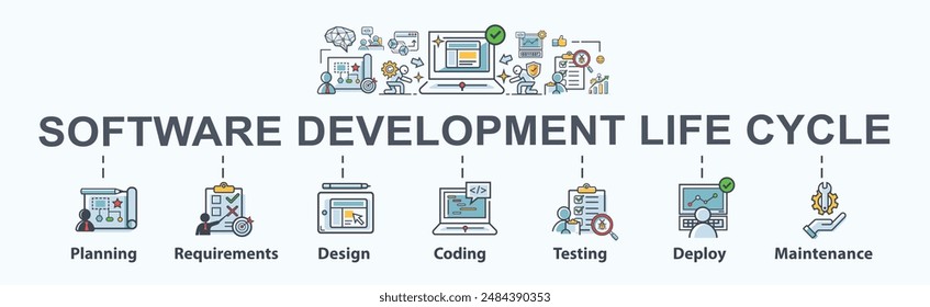 Software development life cycle banner web icon vector concept of SDLC of planning, requirements, design, coding, testing, deploy and maintenance. Minimal cartoon vector infographic.