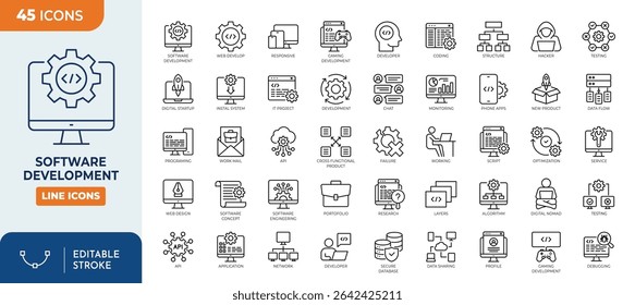 Software development line editable icon set. Editable stroke. Vector illustration