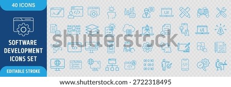 Software Development Line Icon Set. Programming, Coding, Web and App Development, IT, Technology, Debugging and Engineering Icons. Editable Outline Stroke. Vector Illustration