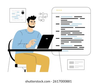 Software Development. Man sitting at workplace at laptop and developing application or website, uses programming languages and creates digital product. Vector illustration on isolated white background
