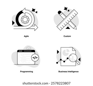 Software Development Methodologies: Agile, Custom, Programming, and Business Intelligence. Editable Stroke and Colors.