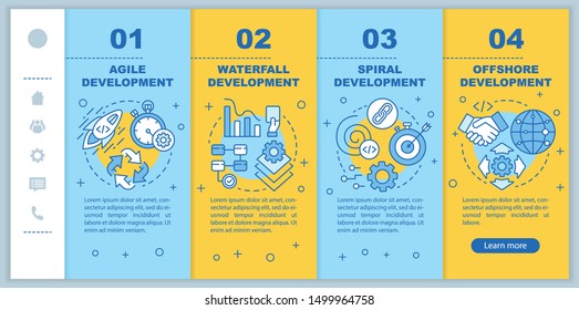 Software development methodologies onboarding mobile web pages vector template. Responsive smartphone website interface idea with linear illustrations. Webpage walkthrough step screens. Color concept
