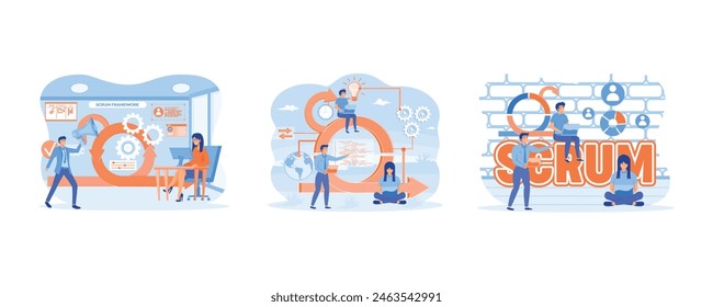 Software development methodology Process diagram. Team discussing tasks at Kanban board. Concept with keywords, letters and icons. Set flat vector modern illustration 
