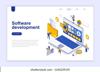 Software development modern flat design isometric concept. Developer and people concept. Landing page template. Conceptual isometric vector illustration for web and graphic design.