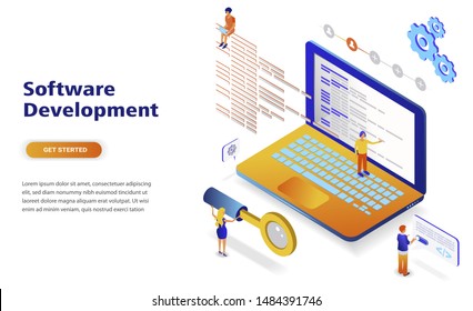 Software development modern flat design isometric concept. Developer and people concept. Landing page template. Conceptual isometric vector illustration for web and graphic design.