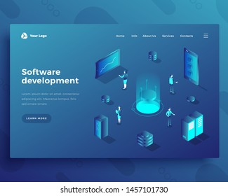 Software development office people characters and interact with computer and smartphone landing page or banner template. 3d isometric vector illustration.