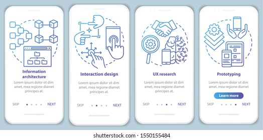 Software development onboarding mobile app page screen vector template. Application programming. Walkthrough website steps with linear illustrations. UX, UI, GUI smartphone interface concept