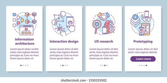 Software development onboarding mobile app page screen with linear concepts. UX designing, prototyping walkthrough 4 steps graphic instructions. UX, UI, GUI vector template with illustrations