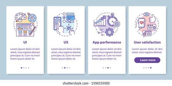 Software development onboarding mobile app page screen with linear concepts. UX designing, prototyping walkthrough steps graphic instructions. UX, UI, GUI vector template with illustrations